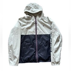Tommy Hilfiger Men's Full Zip Windbreaker Jacket Hooded Size L Color-block Logo